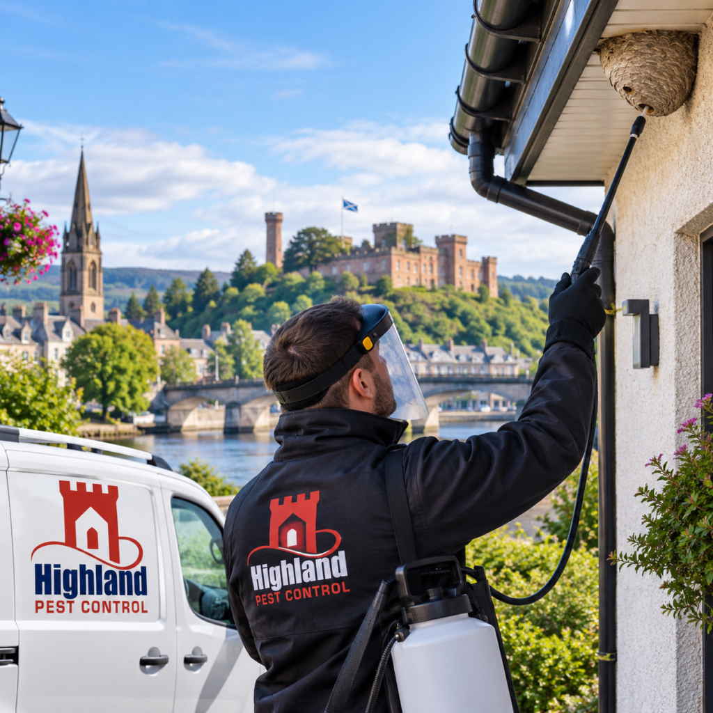 Highland Pest Control technician treating a wasp nest at a property in Inverness, Scotland.