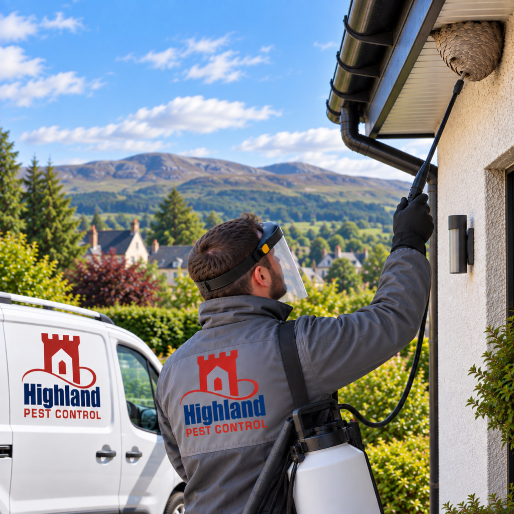 Highland Pest Control technician treating a wasp nest at a property in Inverness, Scotland.